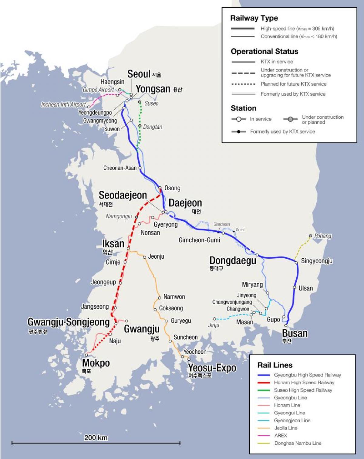 Карта железнодорожных линий Южной Кореи (РКК)