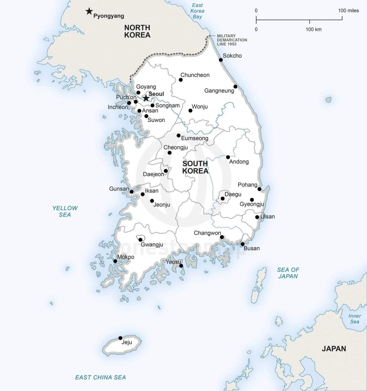 Карта Южной Кореи (РКК) с основными городами